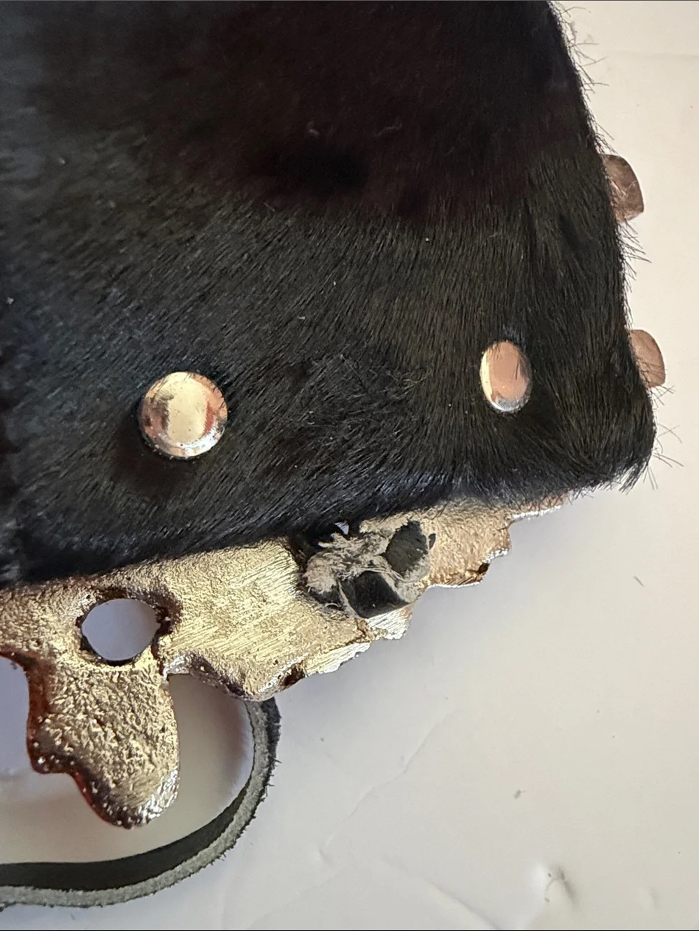 Vintage Tano Spain Black Hair-On Leather Belt Ornate Mask Statement Buckle